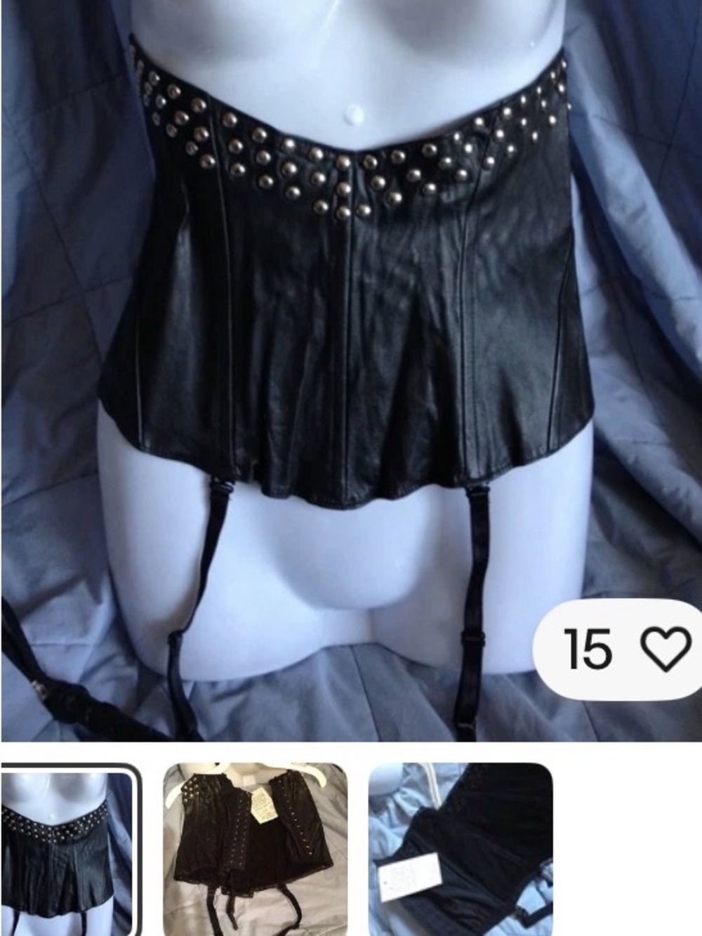 Black Studded Leather Waist Cincher with Garter Straps Small